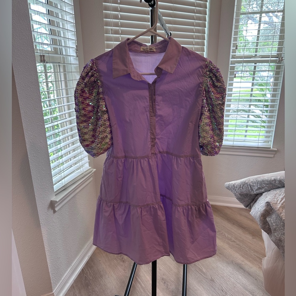 Purple Sequin puff sleeve dress